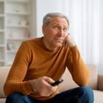 Unhappy senior man with remote control in his hand sitting on couch at home