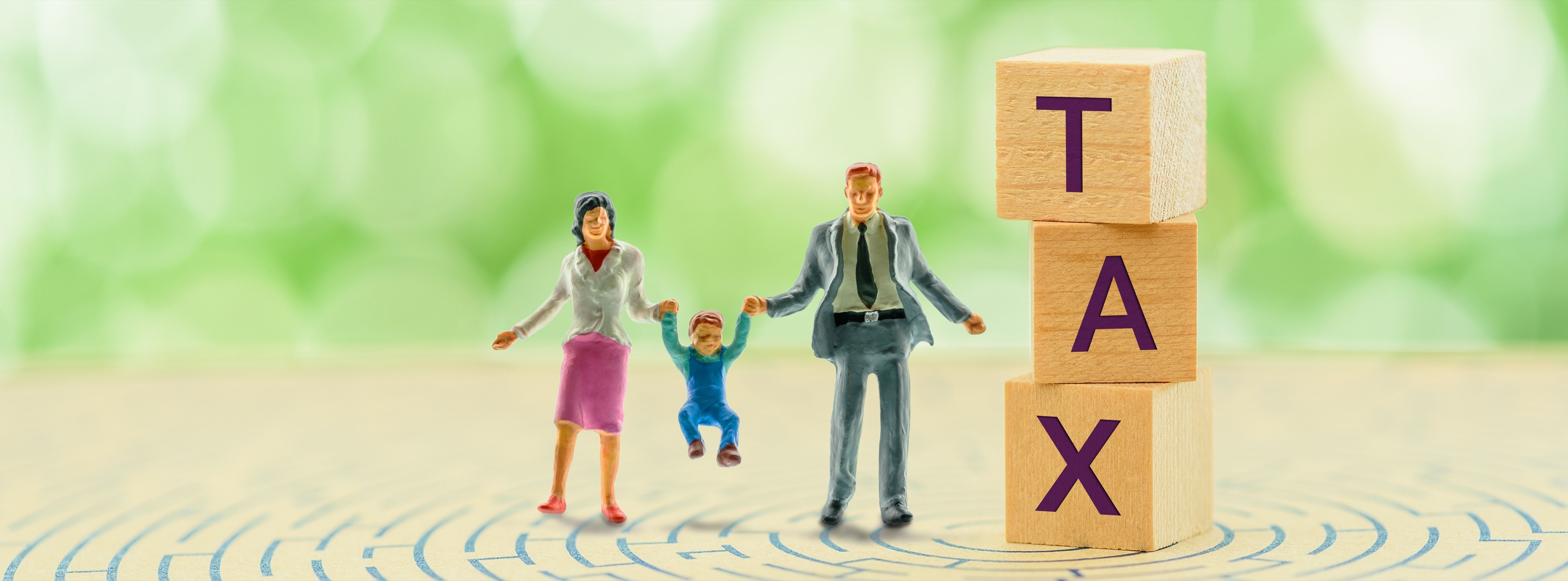 Couple holds a toddler near wood cubes with the word TAX written on them on a maze.