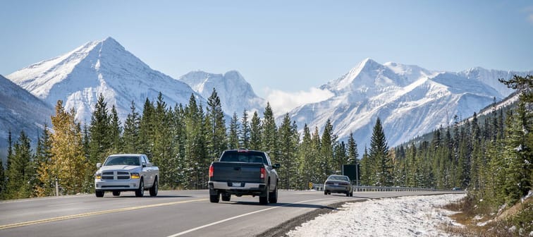Vehicles on Canadian Rockies highway road at Banff National Park, Canada, Alberta