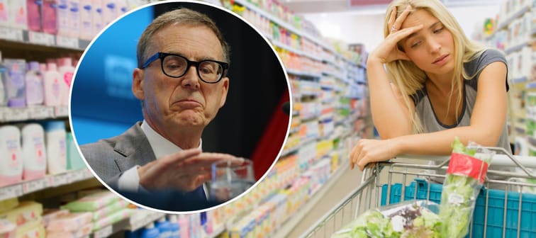 Tiff Macklem, Governor of the Bank of Canada on July 12, 2023 superimposed on an image of a frustrated shopper.