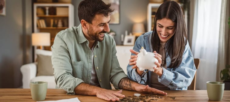 Happy couple counting their change