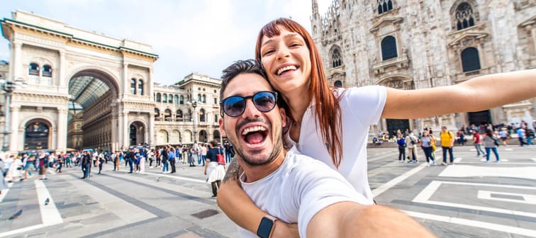 Happy couple takes a selfie while travelling