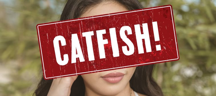 Image of a young woman with a banner over top with the word: Catfish