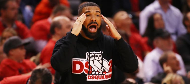 Rapper Drake reacts in game four of the NBA Eastern Conference Finals between the Milwaukee Bucks and the Toronto Raptors