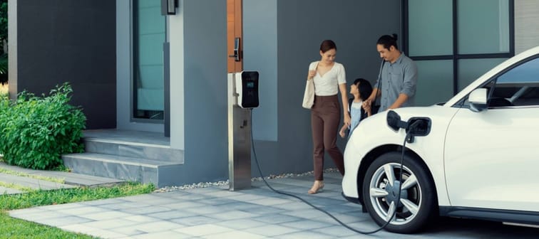 Progressive young parents and daughter with electric vehicle and home charging station.