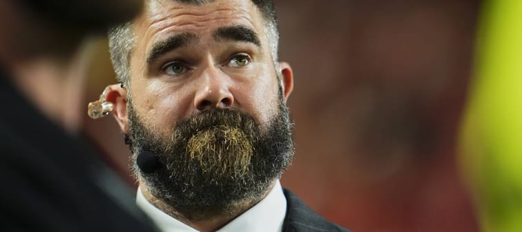 Jason Kelce looks on from the sideline as the Kansas City Chiefs face the Tampa Bay Buccaneers during an NFL game at GEHA Field at Arrowhead Stadium in Kansas City, Missouri, Nov. 4, 2024.