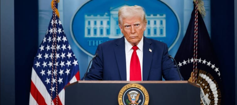 President Donald Trump speaks at a White House press briefing