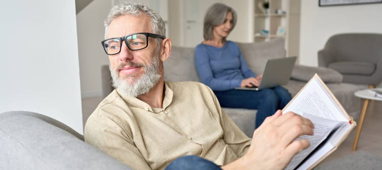 Happy older senior man husband wearing glasses