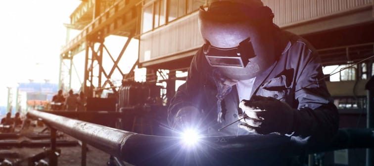 Welder tic welding in shipyard