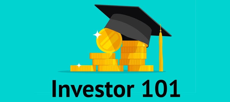 Investor 101 graphic with scholars cap and gold coins