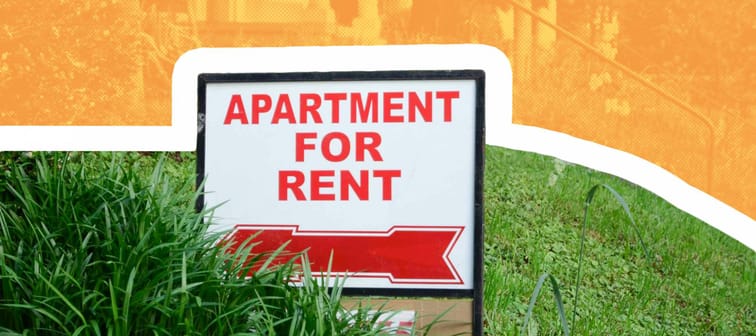 Apartment for rent sign displayed on residental street. Shows demand for housing, rental market, landlord-tenant relations.