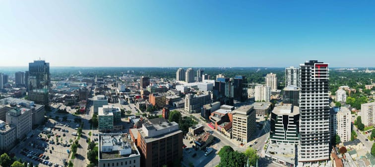 An aerial panorama of the London, Ontario, Canada downtown on a clear day