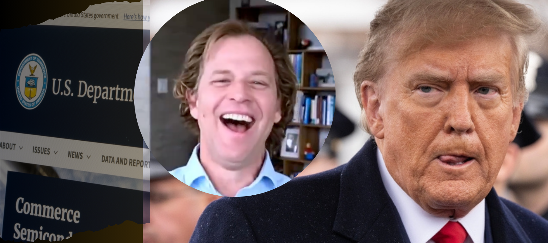 Image of a the U.S. Department of Commerce site | Justin Wolfers laughing during live CBC interview | President Donald Trump