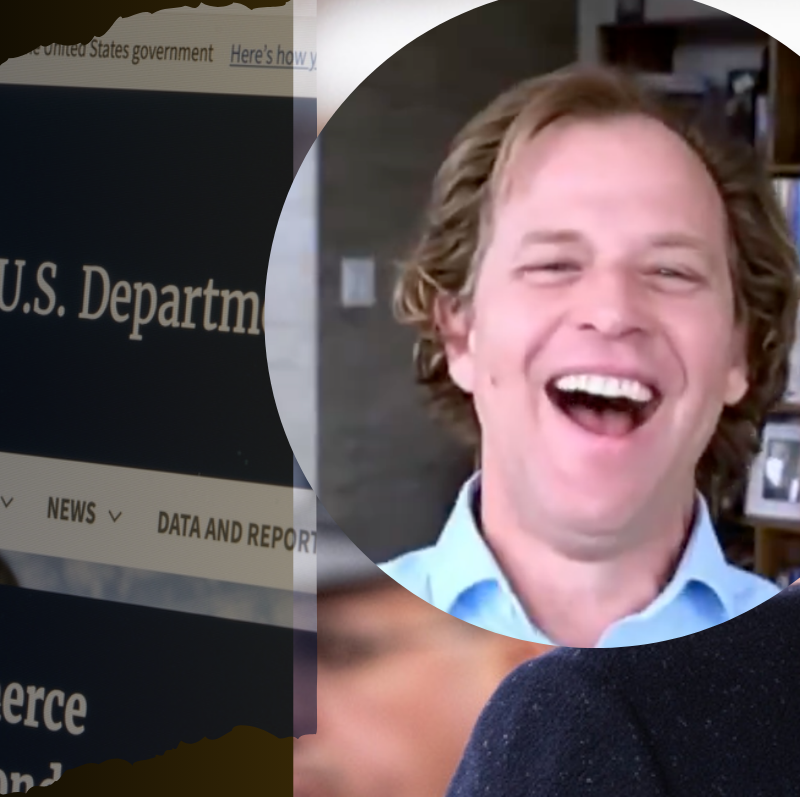 Image of a the U.S. Department of Commerce site | Justin Wolfers laughing during live CBC interview | President Donald Trump