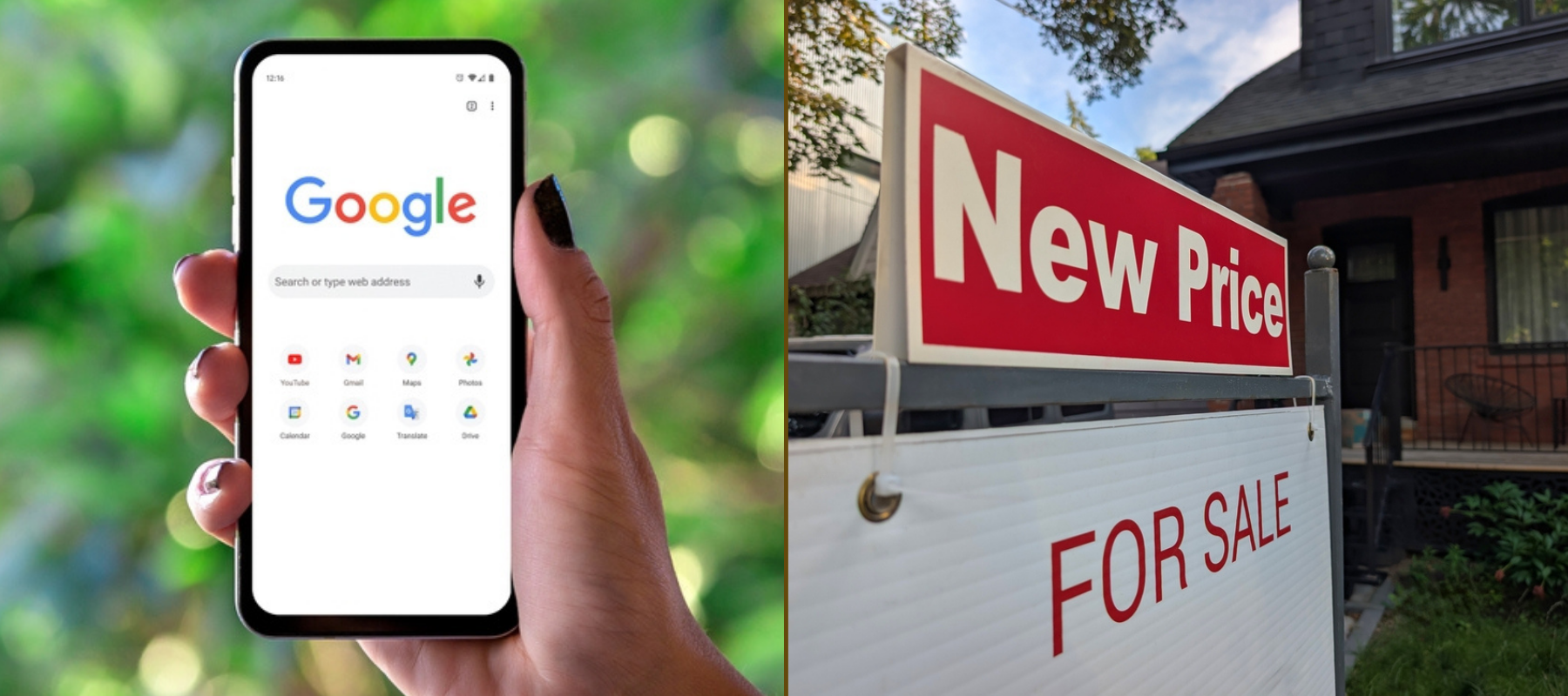 Image of a smartphone with Google search + image of a House for Sale sign