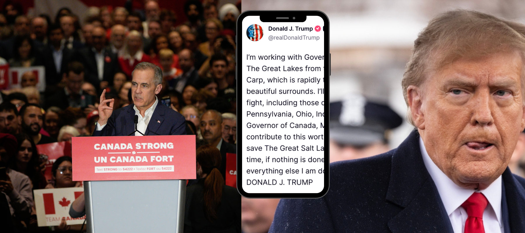 Mark Carney speaks at Canada Strong event + image of Donald Trump and his March 10 Truth Social post