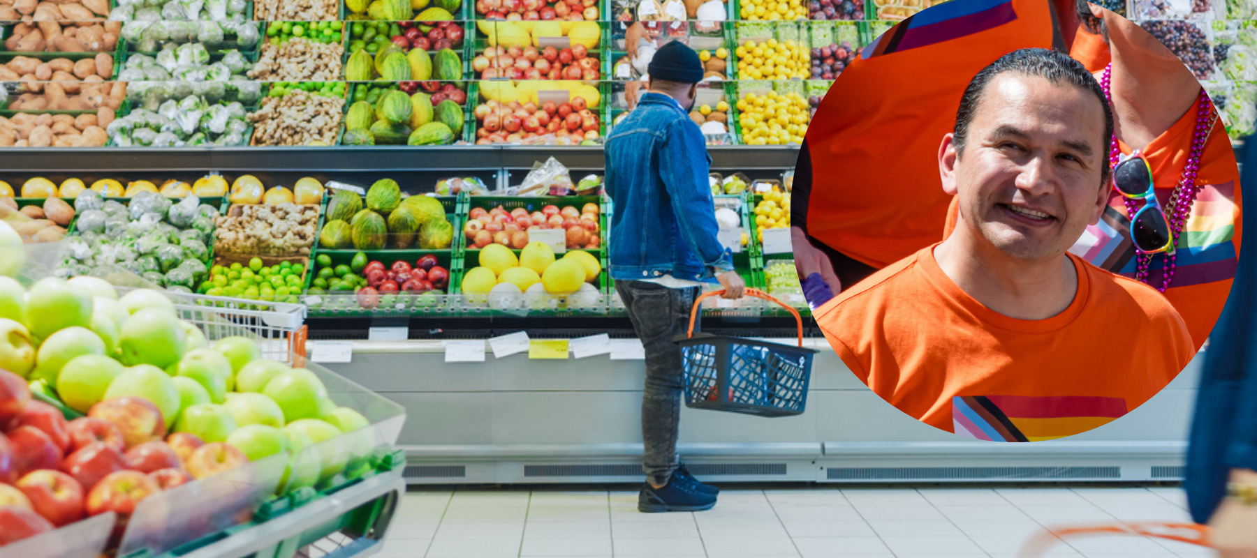 Single black man shops for groceries | Inset image of Manitoba Premier Wab Knew