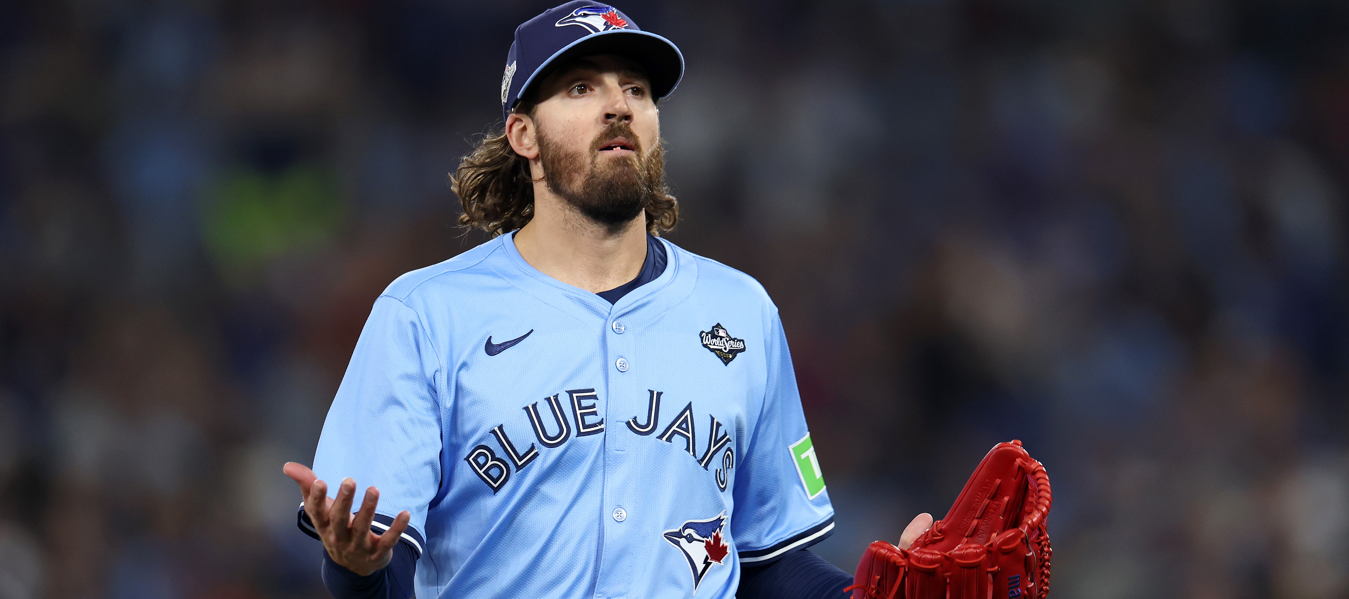 Kevin Gausman #34 of the Toronto Blue Jays reacts against the Los Angeles Dodgers in game six of the 2025 World Series at Rogers Center