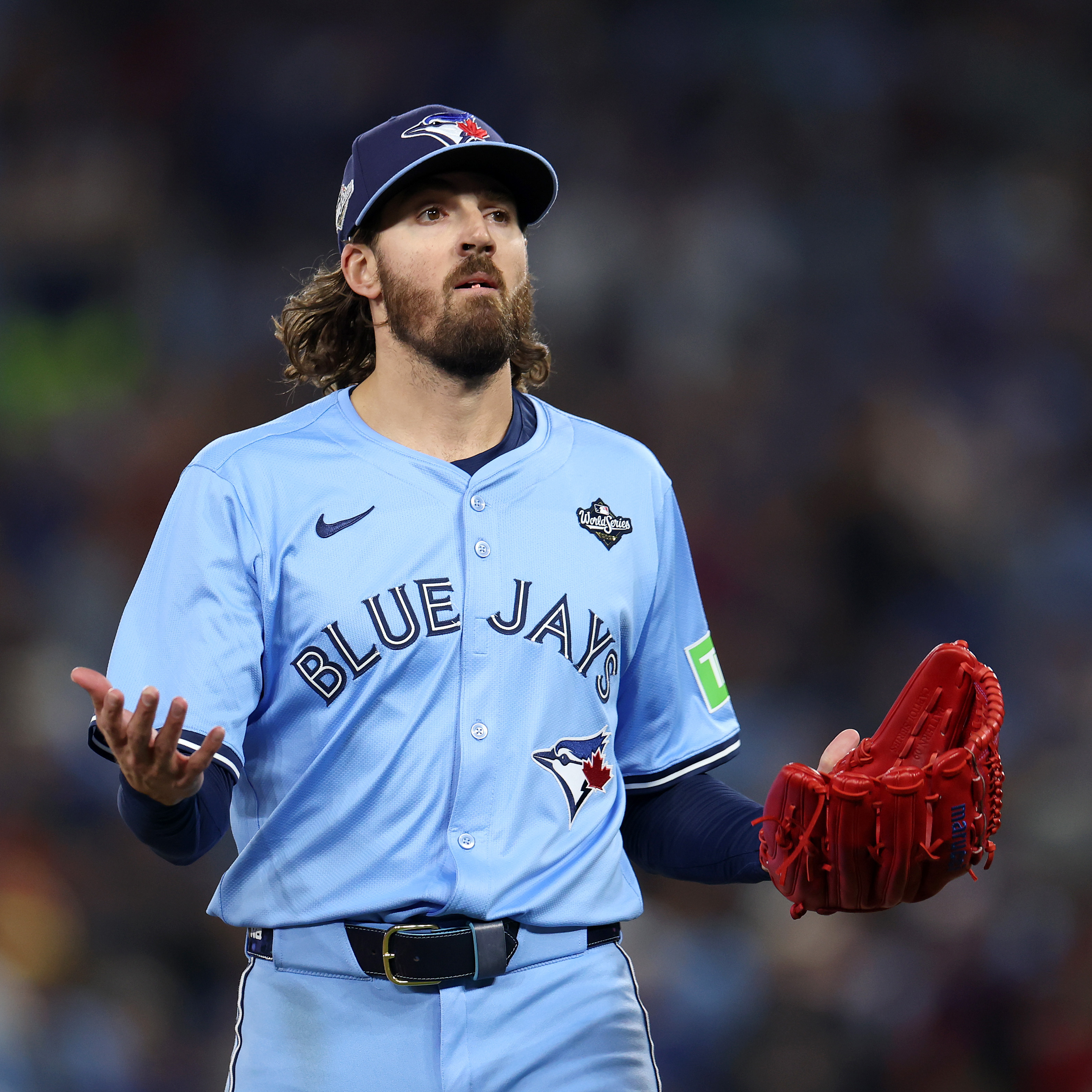 Kevin Gausman #34 of the Toronto Blue Jays reacts against the Los Angeles Dodgers in game six of the 2025 World Series at Rogers Center