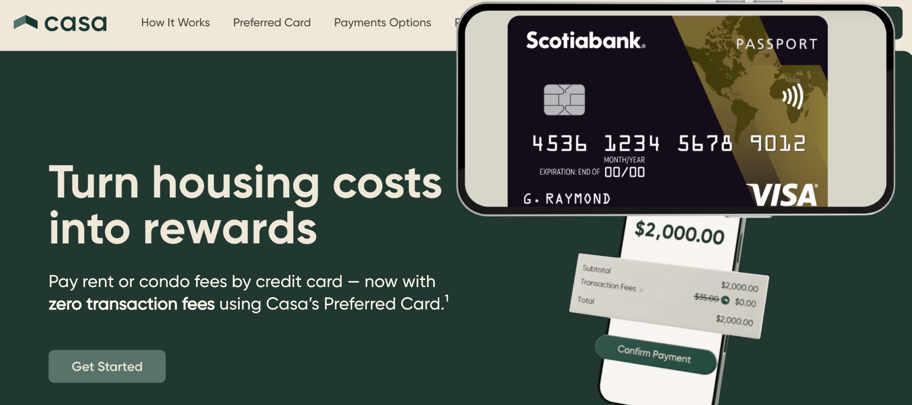 Screen capture of Casa homepage + Landing page for ScotiaGold Passport Visa