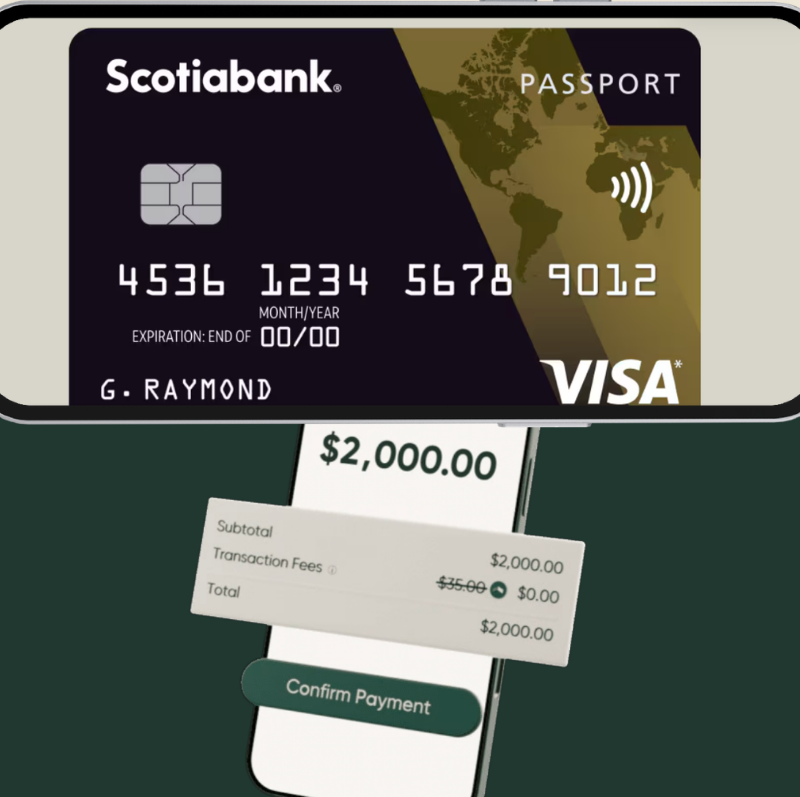 Screen capture of Casa homepage + Landing page for ScotiaGold Passport Visa