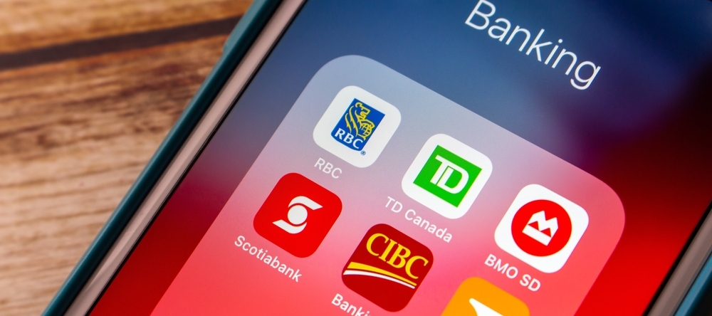Popular Canadian banks, RBC Royal Bank of Canada, TD Canada Trust, BMO Bank of Montreal, Scotiabank, CIBC Canadian Imperial Bank of Commerce, Tangerine Bank on iPhone