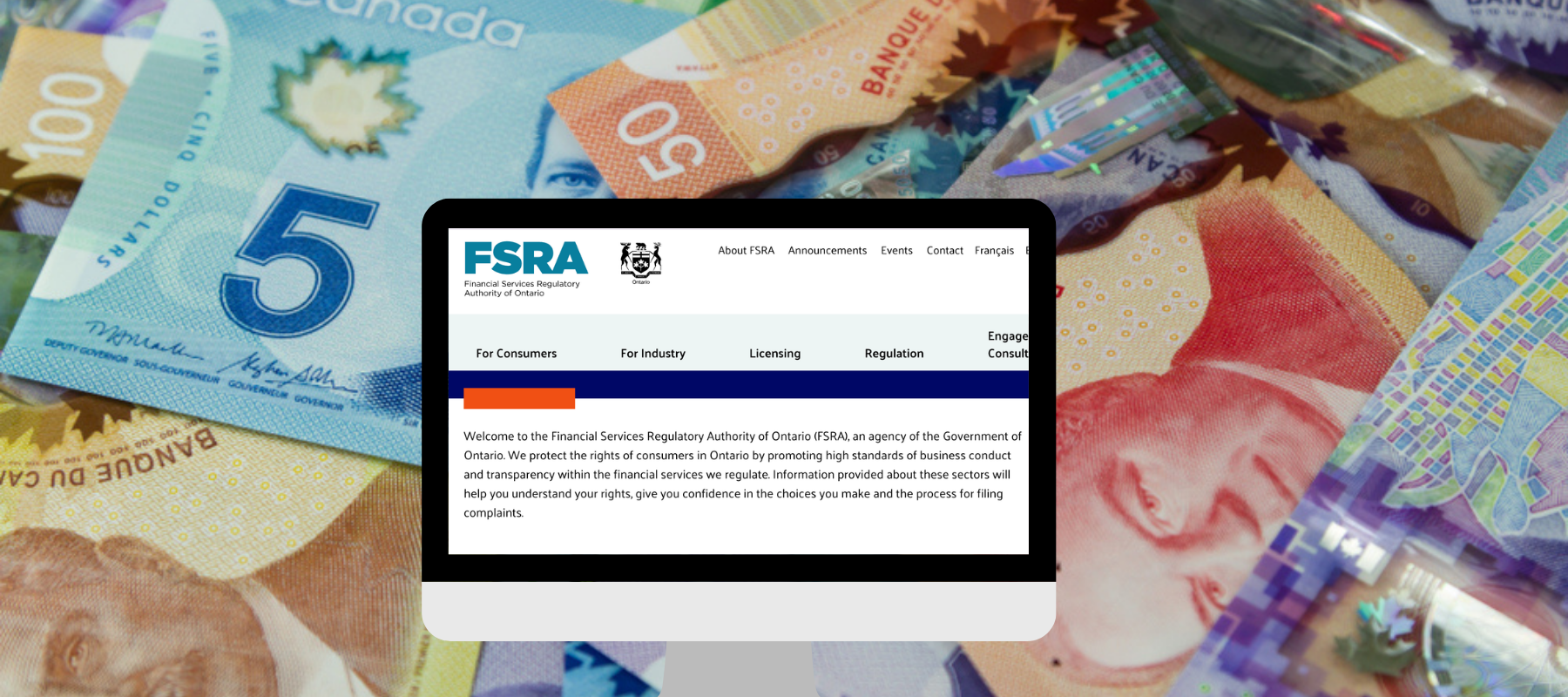 Canadian money + screencapture of FSRA homepage