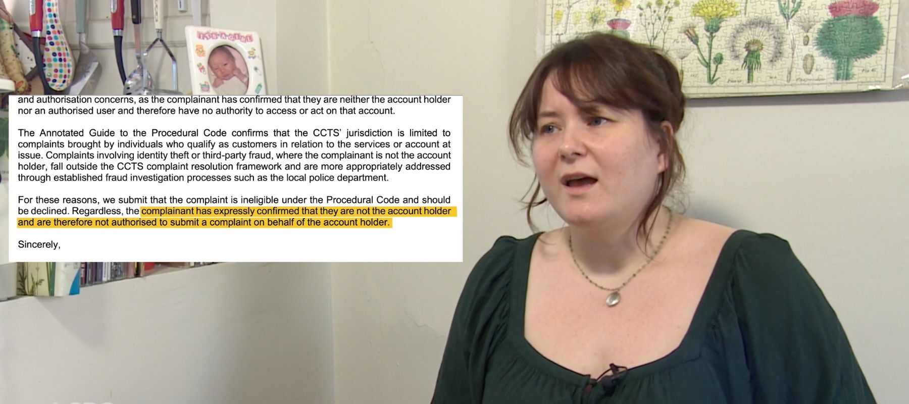 Woman being interviewed on TV in her home