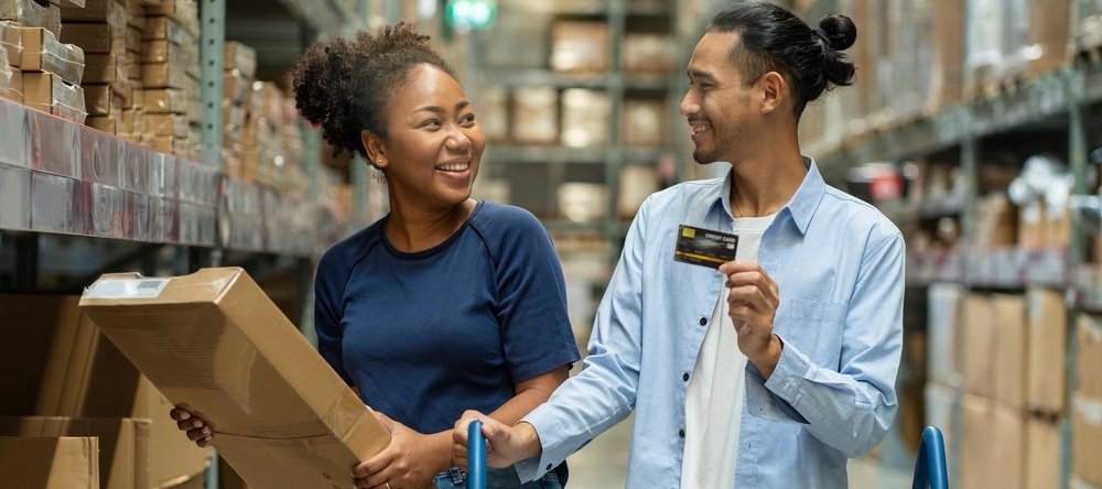 Happy couple shopping for home renovation supplies