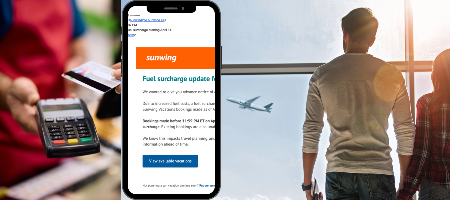 Pay by debit card + Copy of Sunwing email April 2026 + travellers in an airport