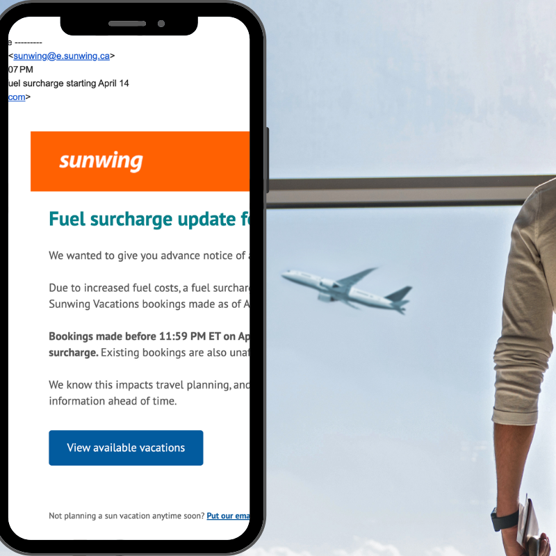 Pay by debit card + Copy of Sunwing email April 2026 + travellers in an airport