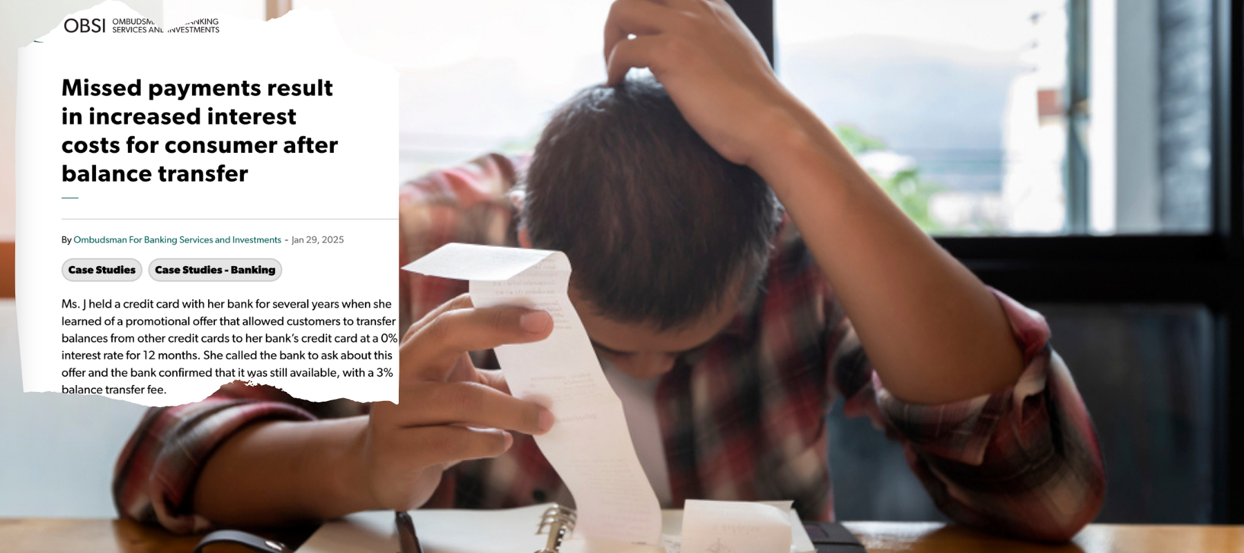 Screencapture of OBSI news report + frustrated man reviewing credit card charges