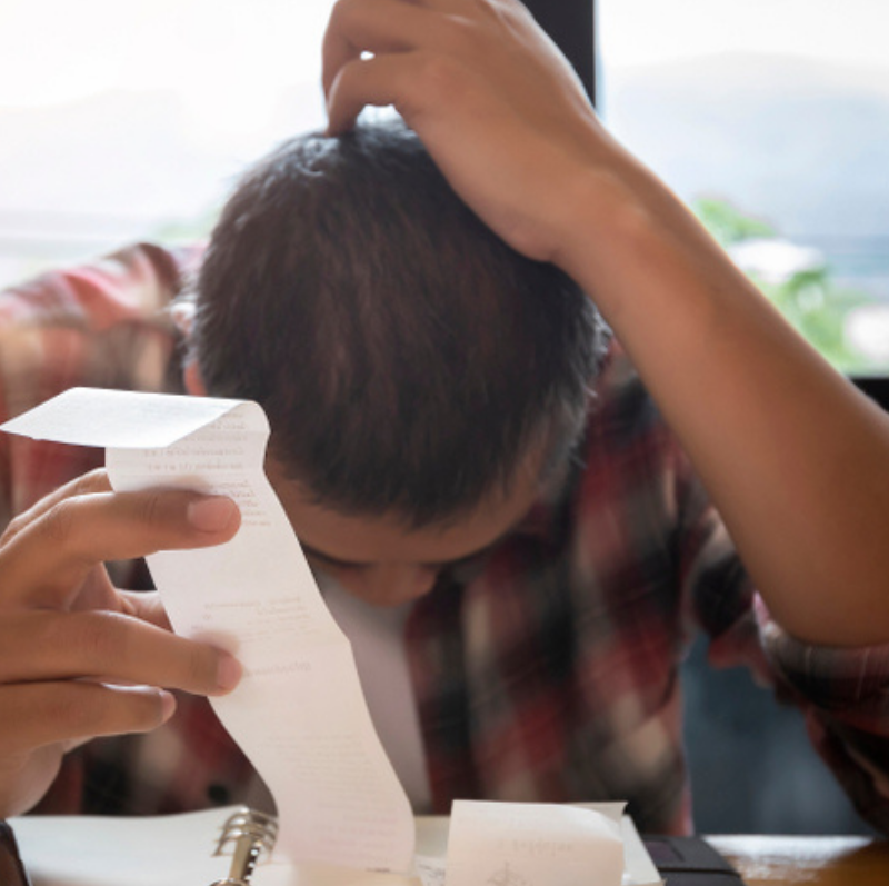 Screencapture of OBSI news report + frustrated man reviewing credit card charges