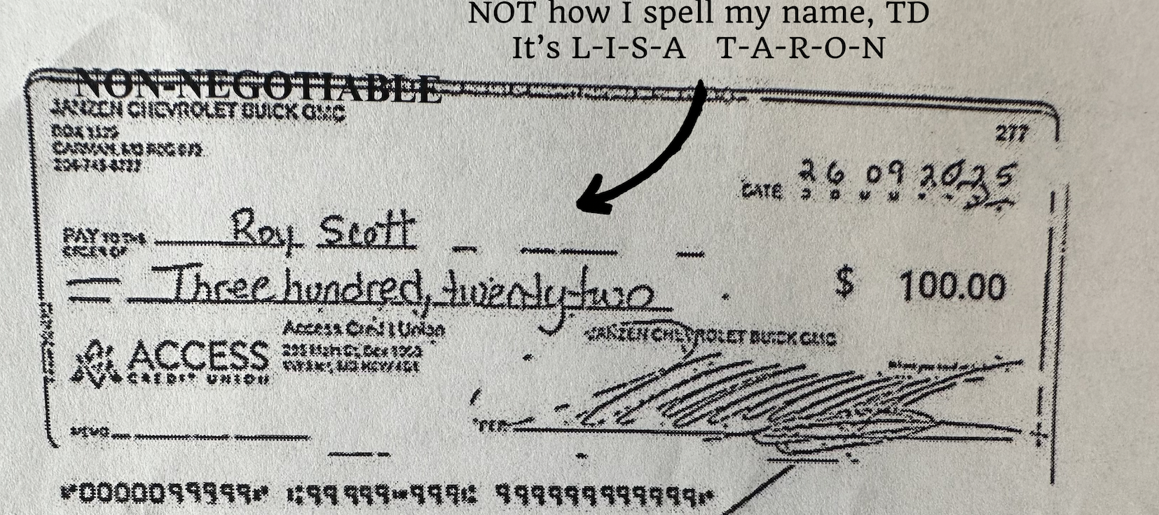 Copy of fraudulent cheque