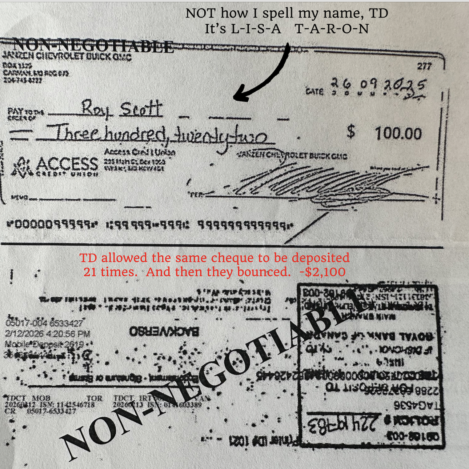 Copy of fraudulent cheque