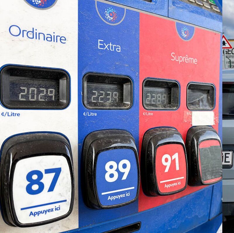 Photo of gas prices at pump and photo of man charging his EV