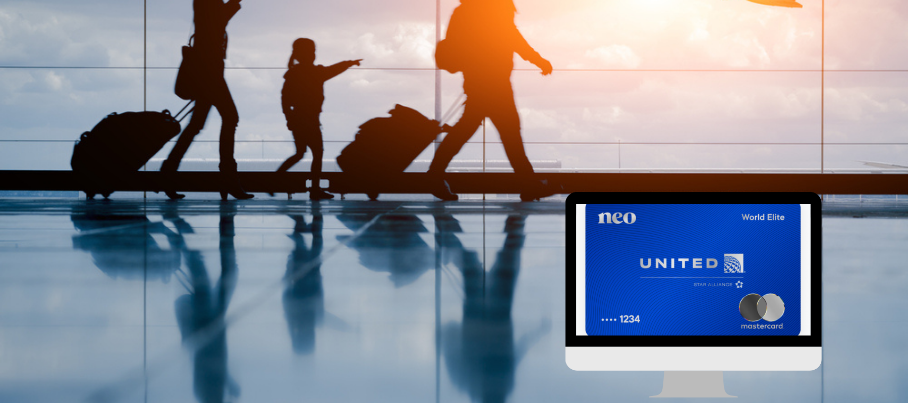 Family walking in airport + (Inlay) Screenshot of NEO Financial World Elite Mastercard