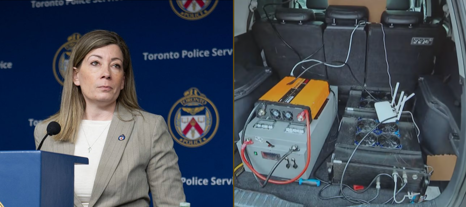 Toronto Police Services Detective Sergeant Lindsay Riddell speaks to media on Project Lighthouse + Image of SMS blasters in back of a car