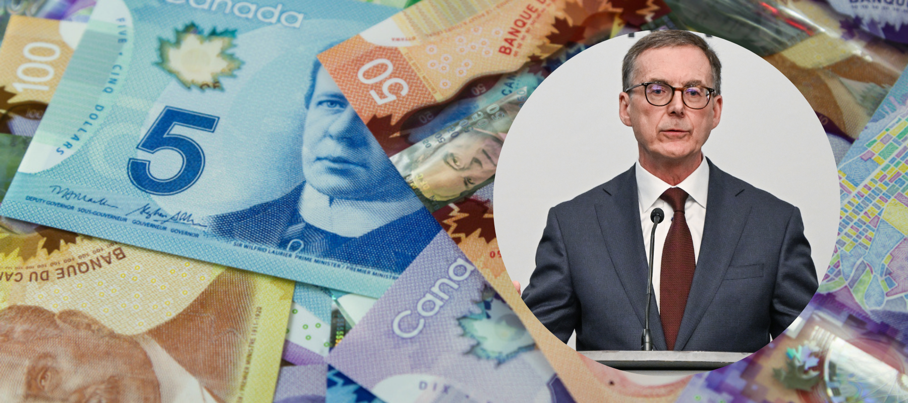 Image of Canadian money + Bank of Canada Governor Tiff Macklem
