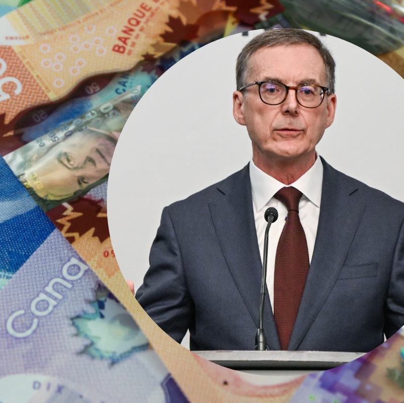 Image of Canadian money + Bank of Canada Governor Tiff Macklem