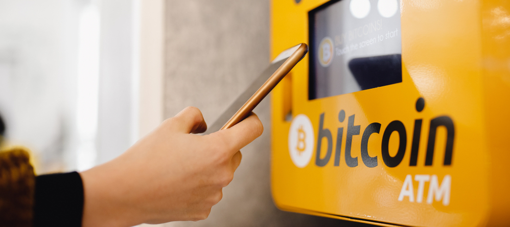 Contactless ATM machine for payment by Bitcoin cryptocurrency.