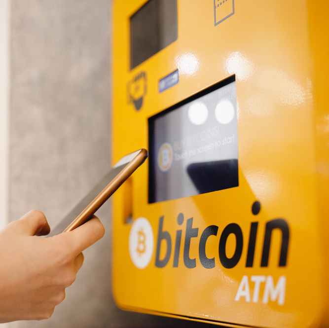 Contactless ATM machine for payment by Bitcoin cryptocurrency.