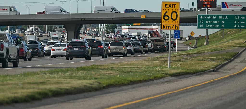 Traffic flows at the entrance to Calgary along Highway 2 (Queen Elizabeth II Highway), in Calgary, Alberta, Canada