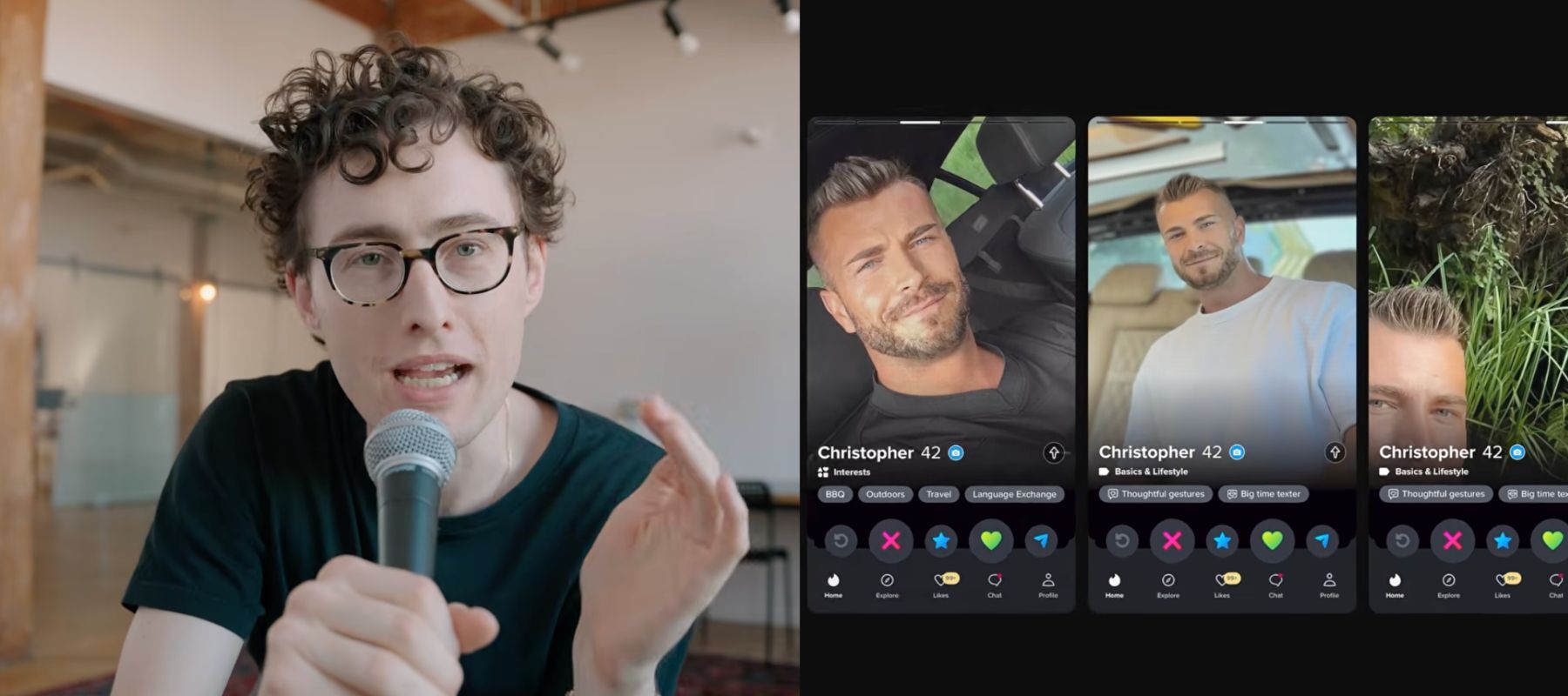 Images of man speaking into a microphone beside images of fake dating profiles