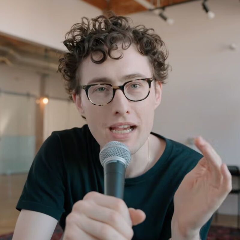 Images of man speaking into a microphone beside images of fake dating profiles