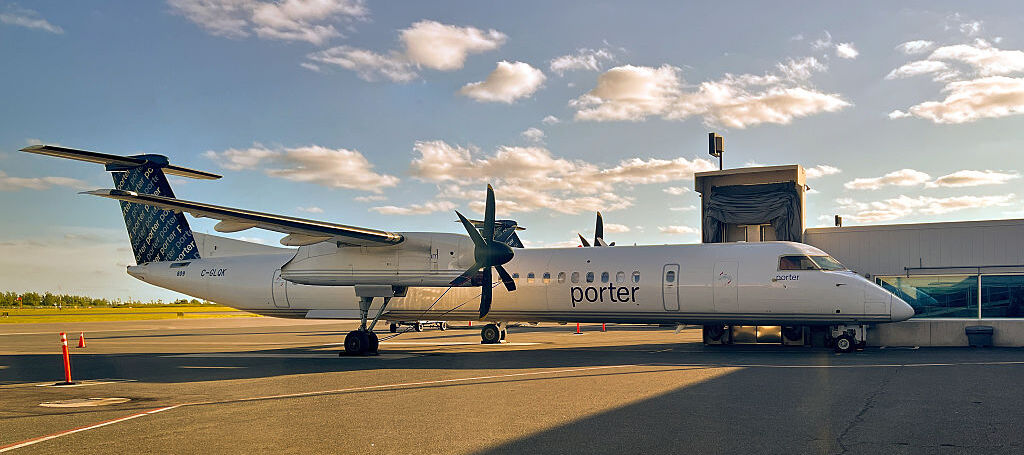 A Porter Airlines De Havilland Canada Dash 8-400 airplane is at Billy Bishop Toronto City Airport in Toronto, Ontario, Canada