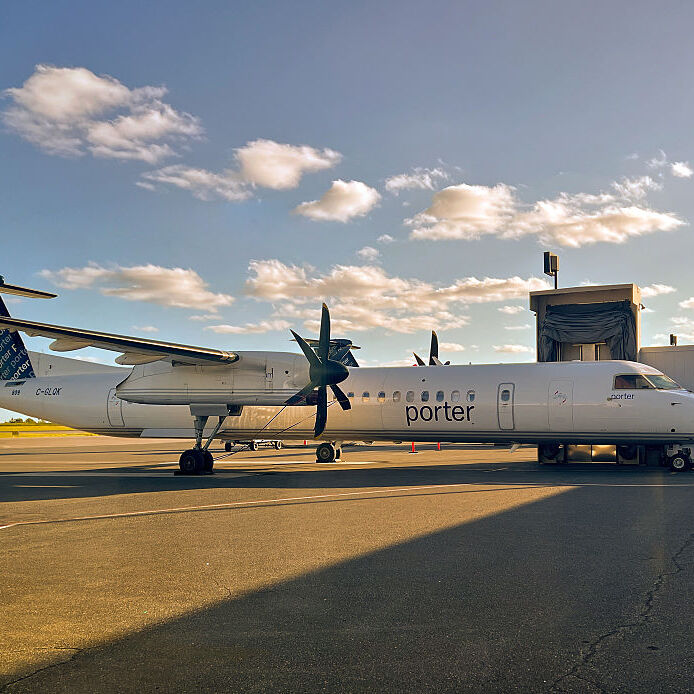 A Porter Airlines De Havilland Canada Dash 8-400 airplane is at Billy Bishop Toronto City Airport in Toronto, Ontario, Canada