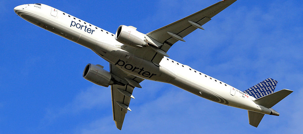 A Porter Airlines plane departs from Toronto Pearson International Airport i