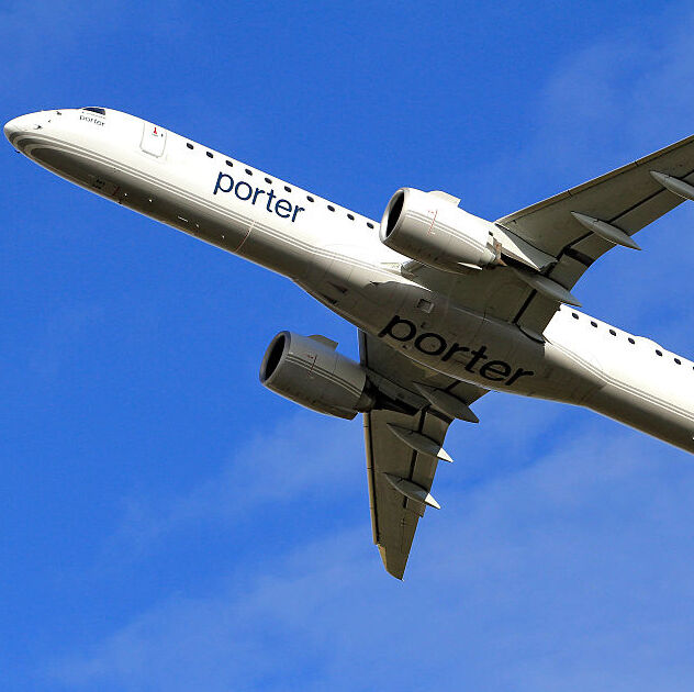 A Porter Airlines plane departs from Toronto Pearson International Airport i