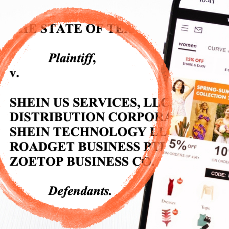 Image of a person shopping on their phone on the Shein website (Inlay) screenshot of Texas Attorney General lawsuit
